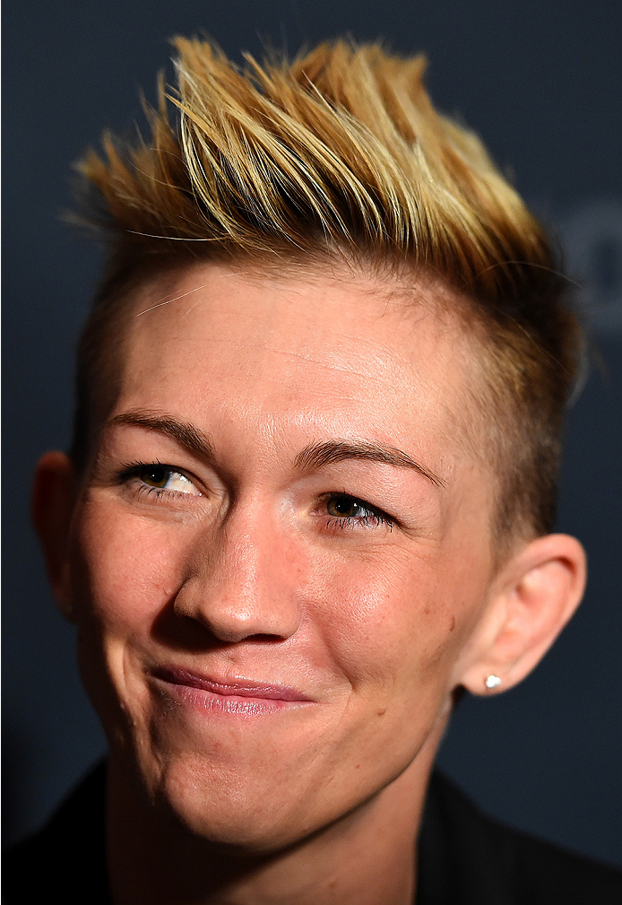 LAS VEGAS, NV - DECEMBER 09: Jocelyn Jones-Lybarger interacts with media during the UFC Ultimate Media Day at MGM Grand Hotel & Casino on December 9, 2015 in Las Vegas, Nevada. (Photo by Josh Hedges/Zuffa LLC/Zuffa LLC via Getty Images)