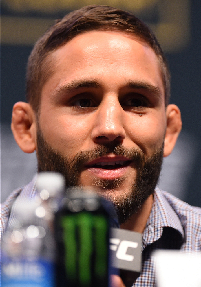 LAS VEGAS, NV - DECEMBER 09: Chad Mendes interacts with media during the UFC Press Conference inside MGM Grand Garden Arena on December 9, 2015 in Las Vegas, Nevada. (Photo by Josh Hedges/Zuffa LLC/Zuffa LLC via Getty Images)