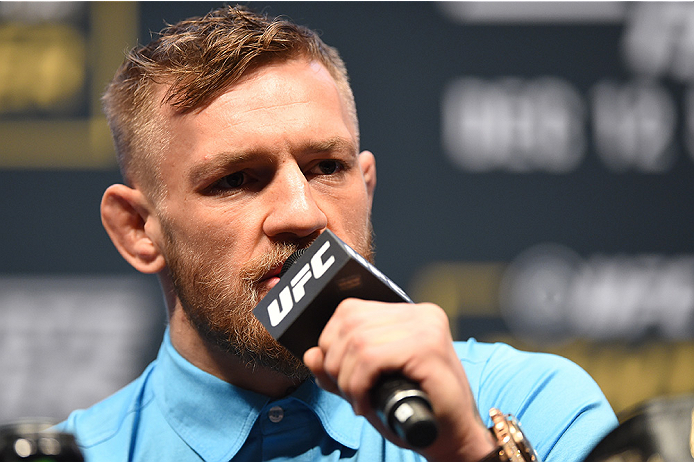 LAS VEGAS, NV - DECEMBER 09: Conor McGregor of Ireland interacts with media during the UFC Press Conference inside MGM Grand Garden Arena on December 9, 2015 in Las Vegas, Nevada. (Photo by Josh Hedges/Zuffa LLC/Zuffa LLC via Getty Images)