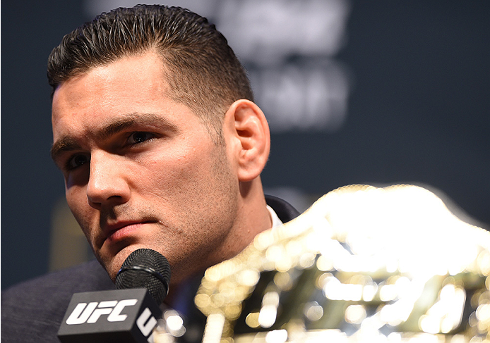 LAS VEGAS, NV - DECEMBER 09: UFC middleweight champion Chris Weidman interacts with media during the UFC Press Conference inside MGM Grand Garden Arena on December 9, 2015 in Las Vegas, Nevada. (Photo by Josh Hedges/Zuffa LLC/Zuffa LLC via Getty Images)