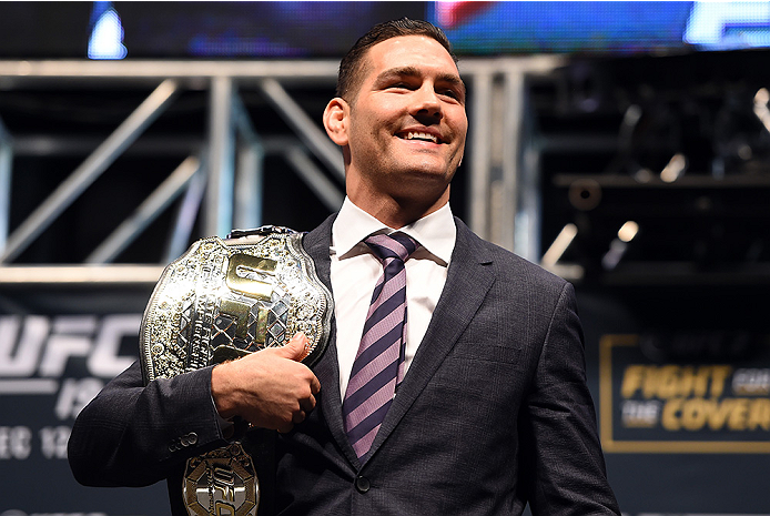 LAS VEGAS, NV - DECEMBER 09: UFC middleweight champion Chris Weidman poses for photos during the UFC Press Conference inside MGM Grand Garden Arena on December 9, 2015 in Las Vegas, Nevada. (Photo by Josh Hedges/Zuffa LLC/Zuffa LLC via Getty Images)