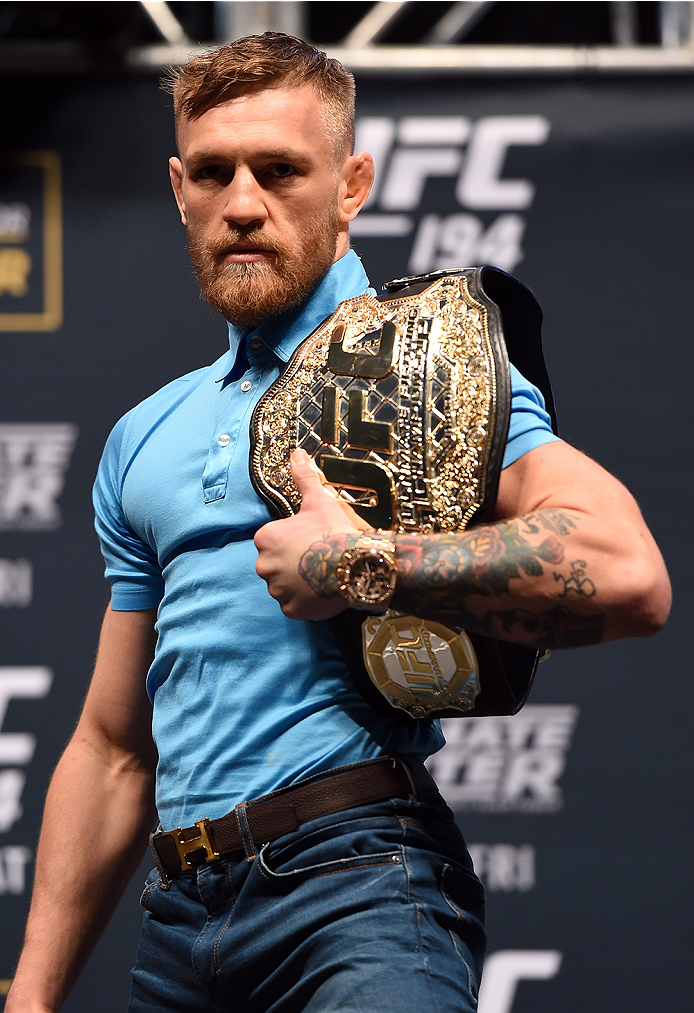 LAS VEGAS, NV - DECEMBER 09: Conor McGregor of Ireland poses for photos during the UFC Press Conference inside MGM Grand Garden Arena on December 9, 2015 in Las Vegas, Nevada. (Photo by Josh Hedges/Zuffa LLC/Zuffa LLC via Getty Images)