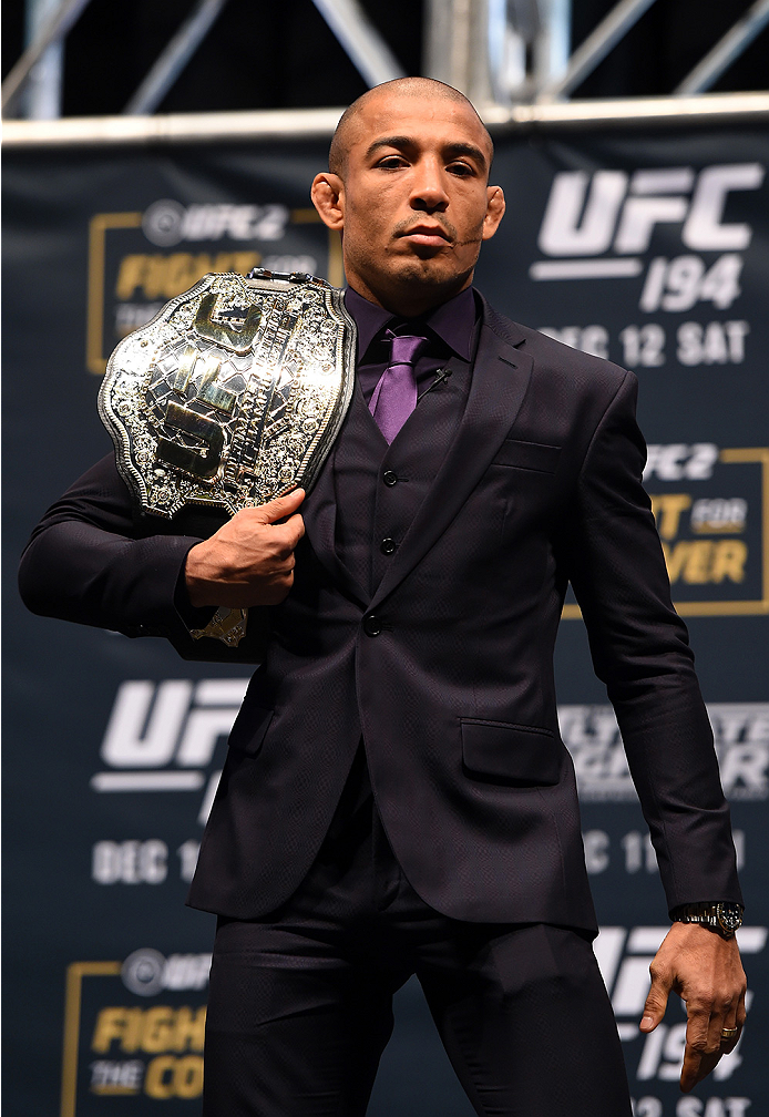 LAS VEGAS, NV - DECEMBER 09: Jose Aldo of Brazil poses for photos during the UFC Press Conference inside MGM Grand Garden Arena on December 9, 2015 in Las Vegas, Nevada. (Photo by Josh Hedges/Zuffa LLC/Zuffa LLC via Getty Images)