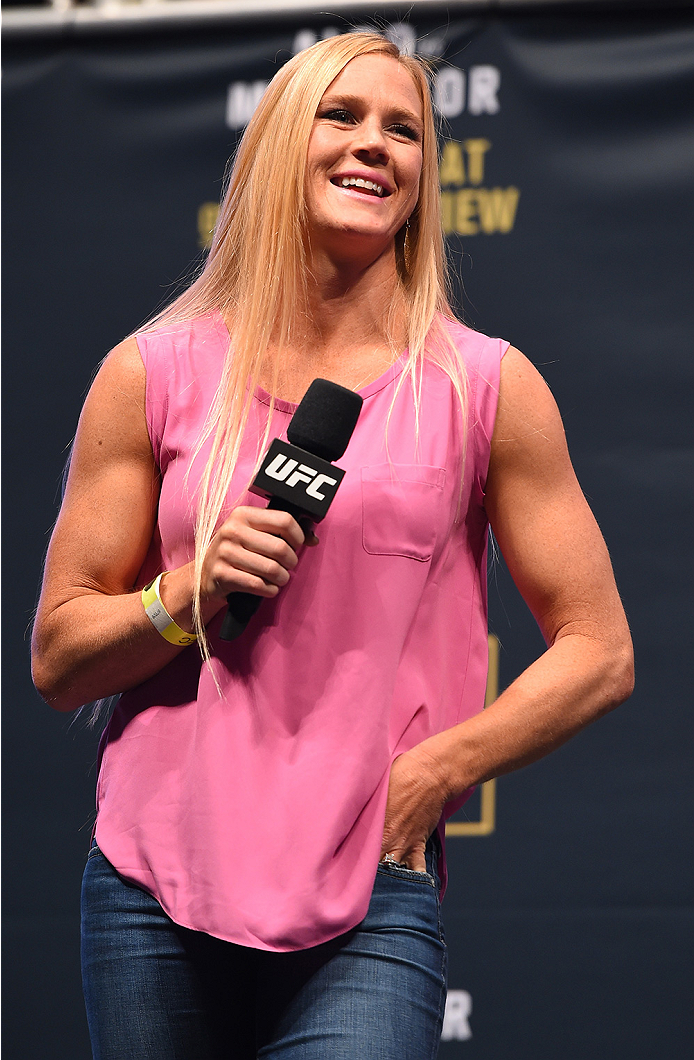 LAS VEGAS, NV - DECEMBER 11: UFC women's bantamweight champion Holly Holm interacts with fans during a Q&A session before the UFC 194 weigh-in inside MGM Grand Garden Arena on December 10, 2015 in Las Vegas, Nevada. (Photo by Josh Hedges/Zuffa LLC/Zuff