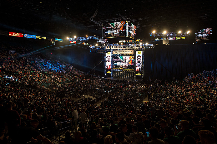 LAS VEGAS, NV - DECEMBER 11: A general view of the stage before the UFC 194 weigh-in inside MGM Grand Garden Arena on December 10, 2015 in Las Vegas, Nevada. (Photo by Brandon Magnus/Zuffa LLC/Zuffa LLC via Getty Images)