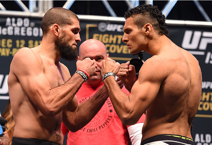 LAS VEGAS, NV - DECEMBER 11: (L-R) Opponents Court McGee and Marcio Alexandre of Brazil face off during the UFC 194 weigh-in inside MGM Grand Garden Arena on December 10, 2015 in Las Vegas, Nevada. (Photo by Josh Hedges/Zuffa LLC/Zuffa LLC via Getty Im