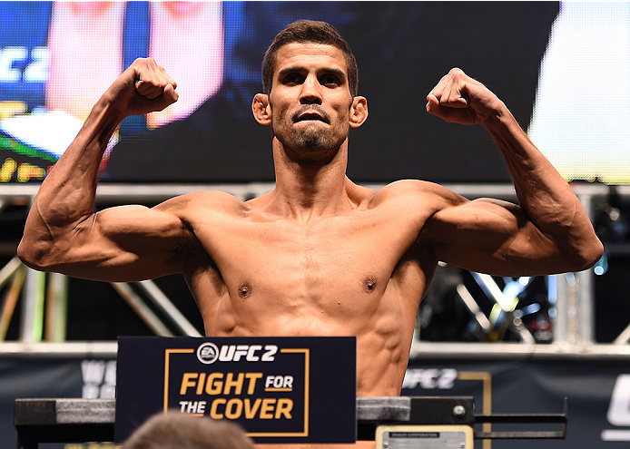 LAS VEGAS, NV - DECEMBER 11: Leonardo Santos of Brazil weighs in during the UFC 194 weigh-in inside MGM Grand Garden Arena on December 10, 2015 in Las Vegas, Nevada. (Photo by Josh Hedges/Zuffa LLC/Zuffa LLC via Getty Images)