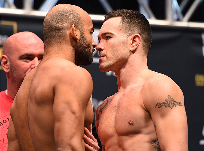 LAS VEGAS, NV - DECEMBER 11: (L-R) Opponents Warlley Alves of Brazil and Colby Covington face off during the UFC 194 weigh-in inside MGM Grand Garden Arena on December 10, 2015 in Las Vegas, Nevada. (Photo by Josh Hedges/Zuffa LLC/Zuffa LLC via Getty I