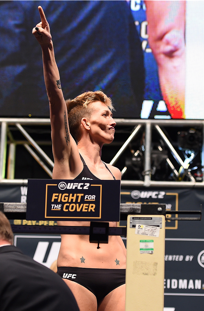LAS VEGAS, NV - DECEMBER 11: Jocelyn Jones-Lybarger weighs in during the UFC 194 weigh-in inside MGM Grand Garden Arena on December 10, 2015 in Las Vegas, Nevada. (Photo by Josh Hedges/Zuffa LLC/Zuffa LLC via Getty Images)
