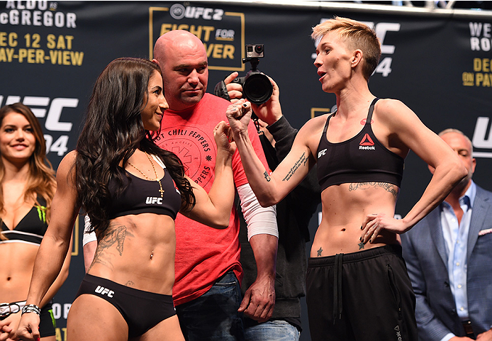 LAS VEGAS, NV - DECEMBER 11: (L-R) Opponents Tecia Torres and Jocelyn Jones-Lybarger face off during the UFC 194 weigh-in inside MGM Grand Garden Arena on December 10, 2015 in Las Vegas, Nevada. (Photo by Josh Hedges/Zuffa LLC/Zuffa LLC via Getty Image