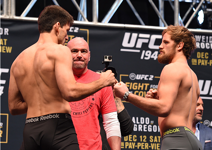 LAS VEGAS, NV - DECEMBER 11: (L-R) Opponents Demian Maia of Brazil and Gunnar Nelson of Iceland face off during the UFC 194 weigh-in inside MGM Grand Garden Arena on December 10, 2015 in Las Vegas, Nevada. (Photo by Josh Hedges/Zuffa LLC/Zuffa LLC via