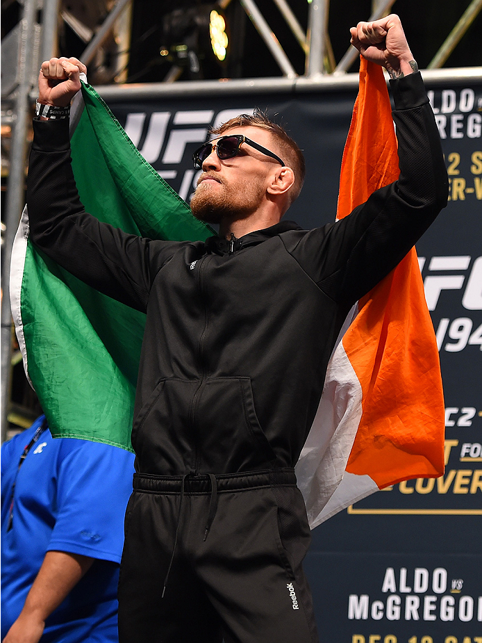 LAS VEGAS, NV - DECEMBER 11: UFC interim featherweight champion Conor McGregor of Ireland weighs in during the UFC 194 weigh-in inside MGM Grand Garden Arena on December 10, 2015 in Las Vegas, Nevada. (Photo by Josh Hedges/Zuffa LLC/Zuffa LLC via Getty