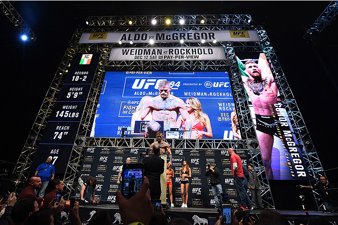 LAS VEGAS, NV - DECEMBER 11: UFC interim featherweight champion Conor McGregor of Ireland weighs in during the UFC 194 weigh-in inside MGM Grand Garden Arena on December 10, 2015 in Las Vegas, Nevada. (Photo by Josh Hedges/Zuffa LLC/Zuffa LLC via Getty