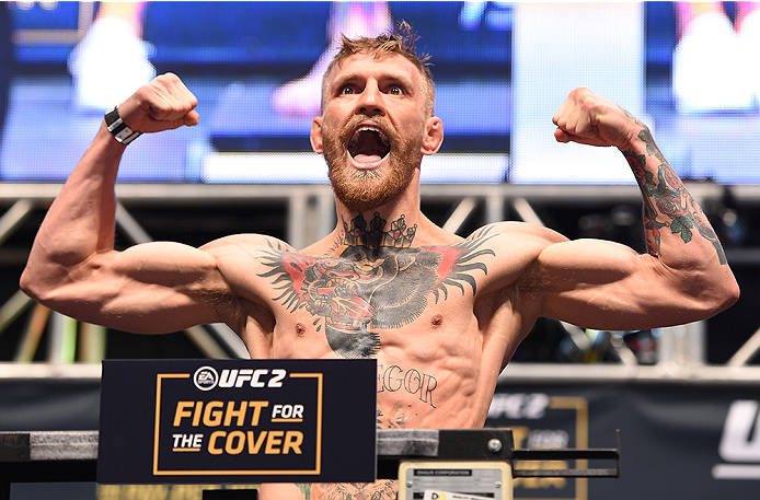 LAS VEGAS, NV - DECEMBER 11: UFC interim featherweight champion Conor McGregor of Ireland weighs in during the UFC 194 weigh-in inside MGM Grand Garden Arena on December 10, 2015 in Las Vegas, Nevada. (Photo by \{snum}\/Zuffa LLC/Zuffa LLC via Getty Im