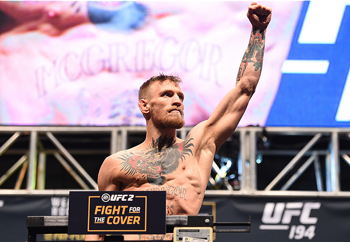 LAS VEGAS, NV - DECEMBER 11: UFC interim featherweight champion Conor McGregor of Ireland weighs in during the UFC 194 weigh-in inside MGM Grand Garden Arena on December 10, 2015 in Las Vegas, Nevada. (Photo by \{snum}\/Zuffa LLC/Zuffa LLC via Getty Im