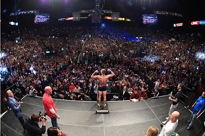 LAS VEGAS, NV - DECEMBER 11: UFC interim featherweight champion Conor McGregor of Ireland weighs in during the UFC 194 weigh-in inside MGM Grand Garden Arena on December 10, 2015 in Las Vegas, Nevada. (Photo by Josh Hedges/Zuffa LLC/Zuffa LLC via Getty