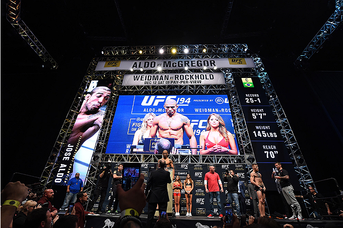 LAS VEGAS, NV - DECEMBER 11: UFC featherweight champion Jose Aldo of Brazil weighs in during the UFC 194 weigh-in inside MGM Grand Garden Arena on December 10, 2015 in Las Vegas, Nevada. (Photo by Josh Hedges/Zuffa LLC/Zuffa LLC via Getty Images)
