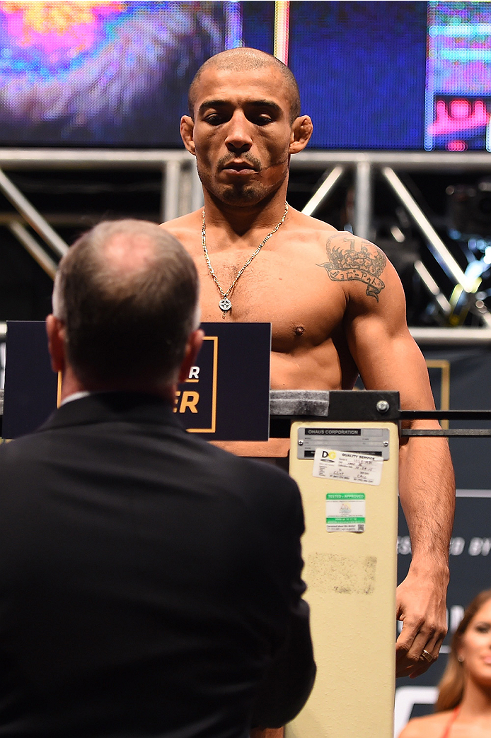 LAS VEGAS, NV - DECEMBER 11: UFC featherweight champion Jose Aldo of Brazil weighs in during the UFC 194 weigh-in inside MGM Grand Garden Arena on December 10, 2015 in Las Vegas, Nevada. (Photo by Josh Hedges/Zuffa LLC/Zuffa LLC via Getty Images)