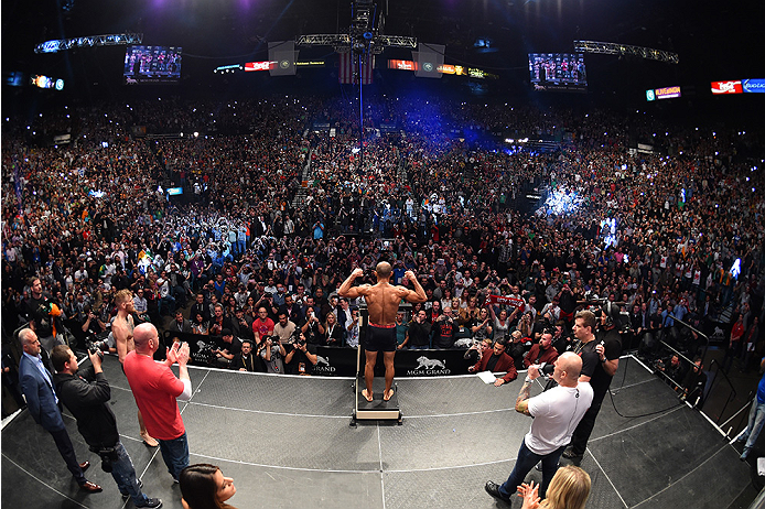 LAS VEGAS, NV - DECEMBER 11: UFC featherweight champion Jose Aldo of Brazil weighs in during the UFC 194 weigh-in inside MGM Grand Garden Arena on December 10, 2015 in Las Vegas, Nevada. (Photo by Josh Hedges/Zuffa LLC/Zuffa LLC via Getty Images)