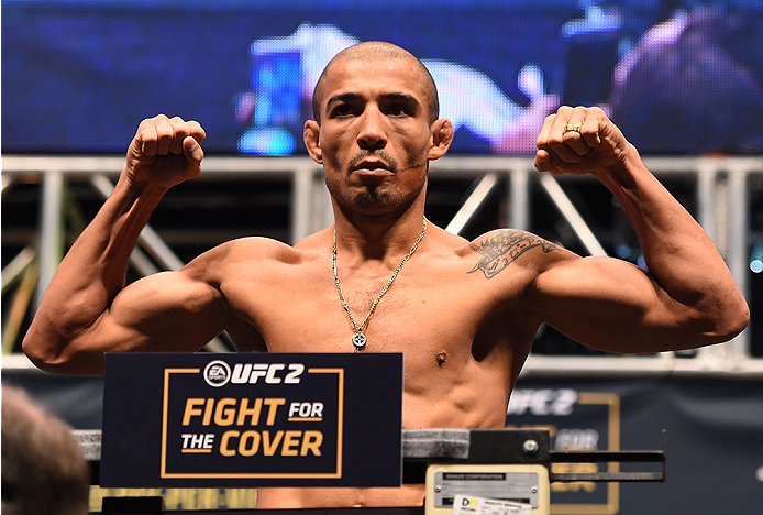 LAS VEGAS, NV - DECEMBER 11: UFC featherweight champion Jose Aldo of Brazil weighs in during the UFC 194 weigh-in inside MGM Grand Garden Arena on December 10, 2015 in Las Vegas, Nevada. (Photo by Josh Hedges/Zuffa LLC/Zuffa LLC via Getty Images)