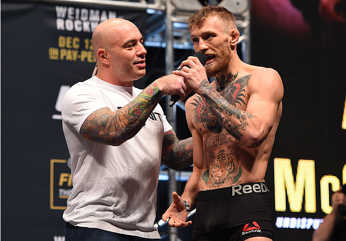 LAS VEGAS, NV - DECEMBER 11: Conor McGregor of Ireland is interviewed by Joe Rogan after weigh-in in during the UFC 194 weigh-in inside MGM Grand Garden Arena on December 10, 2015 in Las Vegas, Nevada. (Photo by Josh Hedges/Zuffa LLC/Zuffa LLC via Gett