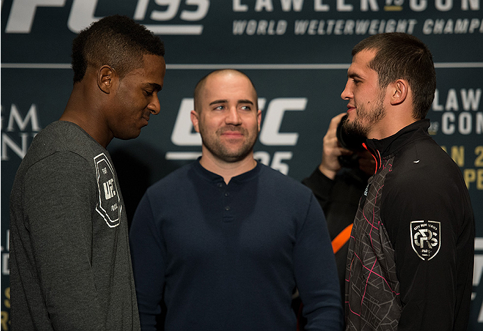 LAS VEGAS, NEVADA - DECEMBER 31: (L-R) Lorenz Larkin and Albert Tumenov face off during the Ultimate Media Day at the MGM Grand Hotel/Casino on December 31, 2015 in Las Vegas Nevada. (Photo by Brandon Magnus/Zuffa LLC/Zuffa LLC via Getty Images)