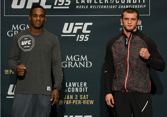 LAS VEGAS, NEVADA - DECEMBER 31: (L-R) Lorenz Larkin and Albert Tumenov pose for a picture after facing off during the Ultimate Media Day at the MGM Grand Hotel/Casino on December 31, 2015 in Las Vegas Nevada. (Photo by Brandon Magnus/Zuffa LLC/Zuffa LLC