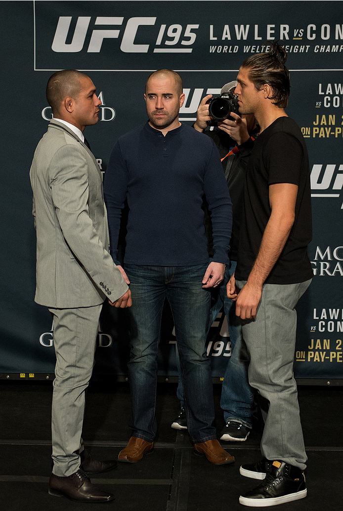 LAS VEGAS, NEVADA - DECEMBER 31: (L-R) Diego Brandao and Brian Ortega face off during the Ultimate Media Day at the MGM Grand Hotel/Casino on December 31, 2015 in Las Vegas Nevada. (Photo by Brandon Magnus/Zuffa LLC/Zuffa LLC via Getty Images)