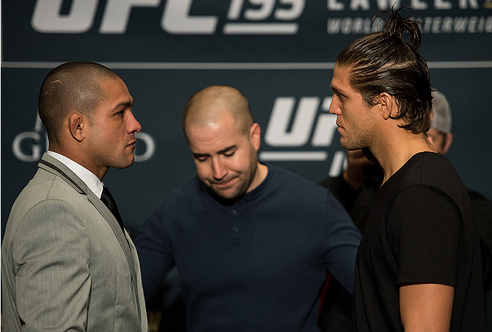 LAS VEGAS, NEVADA - DECEMBER 31: (L-R) Diego Brandao and Brian Ortega face off during the Ultimate Media Day at the MGM Grand Hotel/Casino on December 31, 2015 in Las Vegas Nevada. (Photo by Brandon Magnus/Zuffa LLC/Zuffa LLC via Getty Images)
