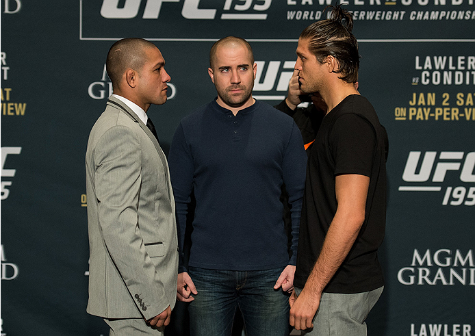 LAS VEGAS, NEVADA - DECEMBER 31: (L-R) Diego Brandao and Brian Ortega face off during the Ultimate Media Day at the MGM Grand Hotel/Casino on December 31, 2015 in Las Vegas Nevada. (Photo by Brandon Magnus/Zuffa LLC/Zuffa LLC via Getty Images)