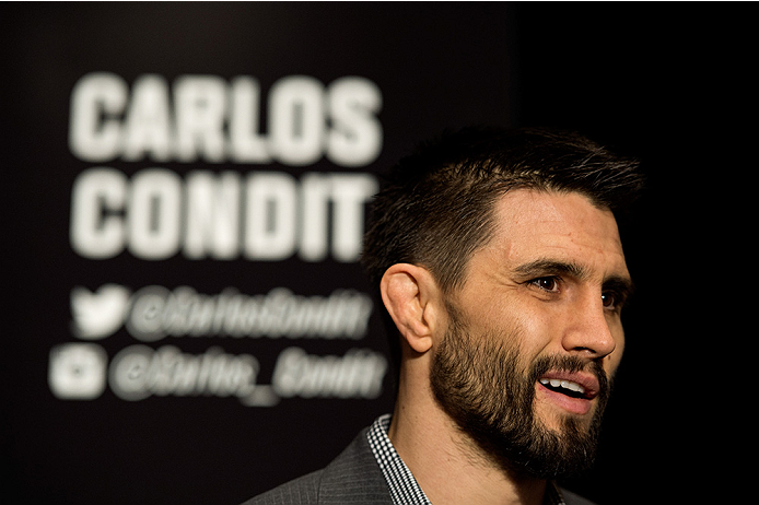 LAS VEGAS, NEVADA - DECEMBER 31: Carlos Condit speaks to the media during the Ultimate Media Day at the MGM Grand Hotel/Casino on December 31, 2015 in Las Vegas Nevada. (Photo by Brandon Magnus/Zuffa LLC/Zuffa LLC via Getty Images)