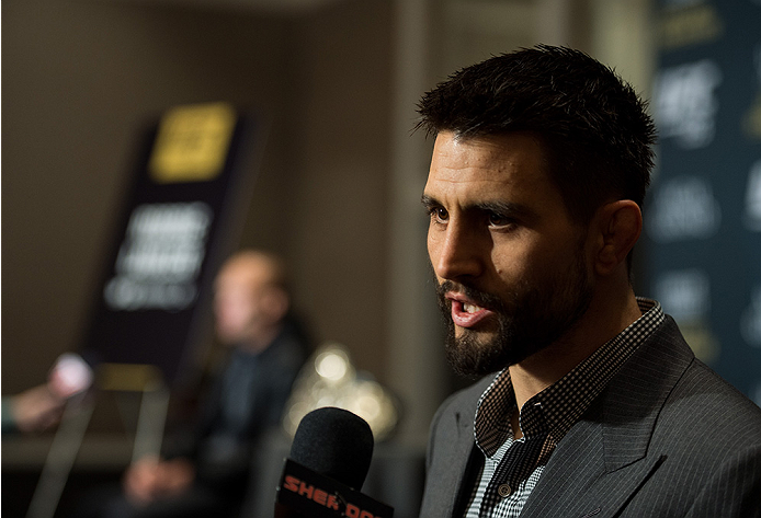 LAS VEGAS, NEVADA - DECEMBER 31: (R-L) Carlos Condit and UFC welterweight champion Robbie Lawler speak to the media during the Ultimate Media Day at the MGM Grand Hotel/Casino on December 31, 2015 in Las Vegas Nevada. (Photo by Brandon Magnus/Zuffa LLC/Z