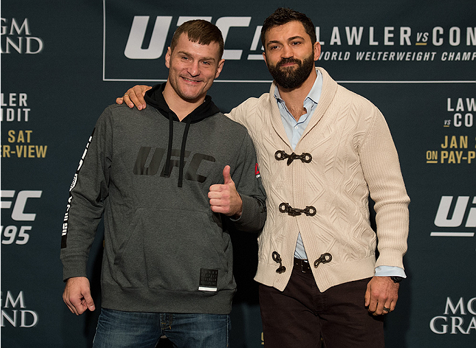 LAS VEGAS, NEVADA - DECEMBER 31: (L-R) Stipe Miocic and Andrei Arlovski pose for a picture after facing off during the Ultimate Media Day at the MGM Grand Hotel/Casino on December 31, 2015 in Las Vegas Nevada. (Photo by Brandon Magnus/Zuffa LLC/Zuffa LLC