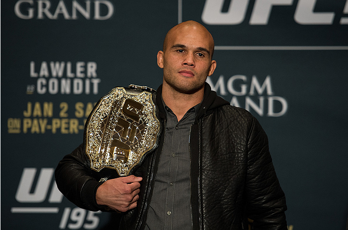 LAS VEGAS, NEVADA - DECEMBER 31: UFC welterweight champion Robbie Lawler poses for a picture after facing off during the Ultimate Media Day at the MGM Grand Hotel/Casino on December 31, 2015 in Las Vegas Nevada. (Photo by Brandon Magnus/Zuffa LLC/Zuffa L