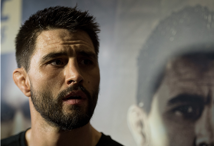 LAS VEGAS, NEVADA - DECEMBER 30: Carlos Condit speaks to the media at the MGM Grand Hotel/Casino on December 30, 2015 in Las Vegas Nevada. (Photo by Brandon Magnus/Zuffa LLC/Zuffa LLC via Getty Images)