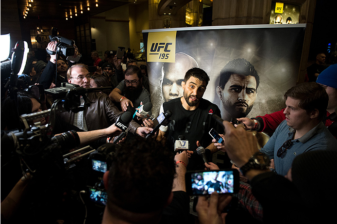 LAS VEGAS, NEVADA - DECEMBER 30: Carlos Condit speaks to the media at the MGM Grand Hotel/Casino on December 30, 2015 in Las Vegas Nevada. (Photo by Brandon Magnus/Zuffa LLC/Zuffa LLC via Getty Images)