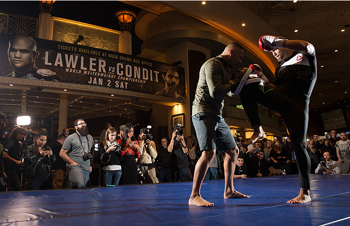 LAS VEGAS, NEVADA - DECEMBER 30: UFC welterweight champion Robbie Lawler holds an open training session for fans and media at the MGM Grand Hotel/Casino on December 30, 2015 in Las Vegas Nevada. (Photo by Brandon Magnus/Zuffa LLC/Zuffa LLC via Getty Ima
