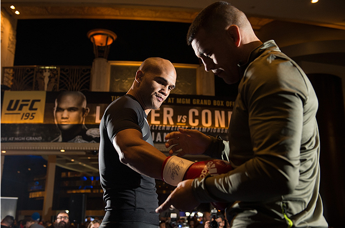 LAS VEGAS, NEVADA - DECEMBER 30: UFC welterweight champion Robbie Lawler holds an open training session for fans and media at the MGM Grand Hotel/Casino on December 30, 2015 in Las Vegas Nevada. (Photo by Brandon Magnus/Zuffa LLC/Zuffa LLC via Getty Ima