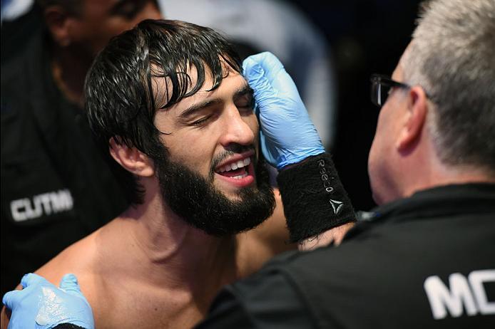 CURITIBA, BRAZIL - MAY 14: Zubaira Tukhugov of Russia prepares to enter the Octagon before facing Renato Moicano of Brazil before their featherweight bout during the UFC 198 event at Arena da Baixada stadium on May 14, 2016 in Curitiba, Parana, Brazil.