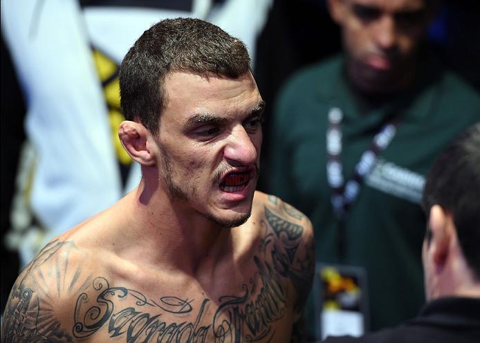 CURITIBA, BRAZIL - MAY 14: Renato Moicano of Brazil prepares to enter the Octagon before facing Zubaira Tukhugov of Russia before their featherweight bout during the UFC 198 event at Arena da Baixada stadium on May 14, 2016 in Curitiba, Parana, Brazil.