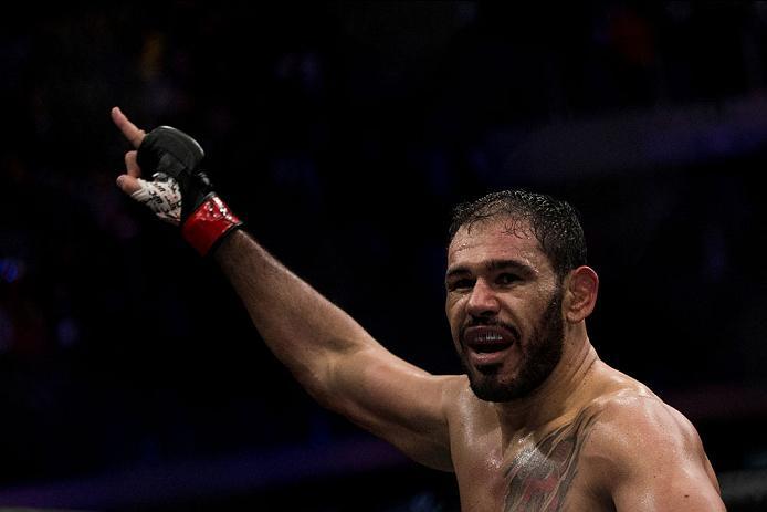 CURITIBA, BRAZIL - MAY 14: Antonio Rogerio Nogueira of Brazil celebrates after defeating Patrick Cummins of the United States in their light heavyweight bout during the UFC 198 at Arena da Baixada stadium on May 14, 2016 in Curitiba, Brazil. (Photo by Bu