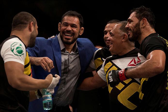 CURITIBA, BRAZIL - MAY 14: Antonio Rogerio Nogueira of Brazil celebrates after defeating Patrick Cummins of the United States in their light heavyweight bout during the UFC 198 at Arena da Baixada stadium on May 14, 2016 in Curitiba, Brazil. (Photo by Bu