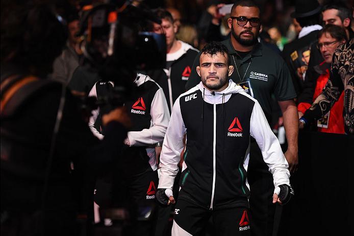 CURITIBA, BRAZIL - MAY 14: John Lineker of Brazil enters the arena before facing Rob Font in their bantamweight bout during the UFC 198 event at Arena da Baixada stadium on May 14, 2016 in Curitiba, Parana, Brazil. (Photo by Josh Hedges/Zuffa LLC/Zuffa