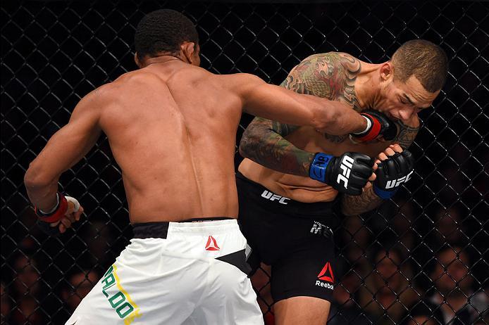 CURITIBA, BRAZIL - MAY 14: (L-R) Francisco Trinaldo of Brazil punches Yancy Medeiros in their lightweight bout during the UFC 198 event at Arena da Baixada stadium on May 14, 2016 in Curitiba, Parana, Brazil. (Photo by Josh Hedges/Zuffa LLC/Zuffa LLC vi