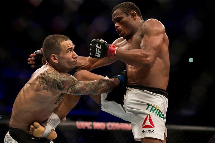 CURITIBA, BRAZIL - MAY 14: Francisco Trinaldo of Brazil kicks Yancy Medeiros of the United States in their lightweight bout during the UFC 198 at Arena da Baixada stadium on May 14, 2016 in Curitiba, Brazil. (Photo by Buda Mendes/Zuffa LLC/Zuffa LLC via G