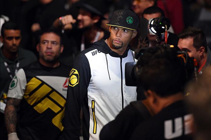 CURITIBA, BRAZIL - MAY 14: Thiago Santos of Brazil prepares to enter the Octagon before facing Nate Marquardt in their middleweight bout during the UFC 198 event at Arena da Baixada stadium on May 14, 2016 in Curitiba, Parana, Brazil. (Photo by Josh Hed