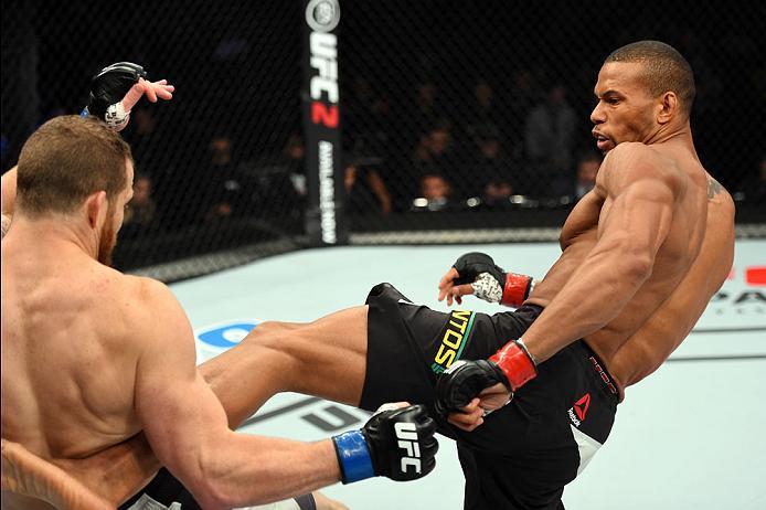 CURITIBA, BRAZIL - MAY 14: (R-L) Thiago Santos of Brazil kicks Nate Marquardt in their middleweight bout during the UFC 198 event at Arena da Baixada stadium on May 14, 2016 in Curitiba, Parana, Brazil. (Photo by Josh Hedges/Zuffa LLC/Zuffa LLC via Gett