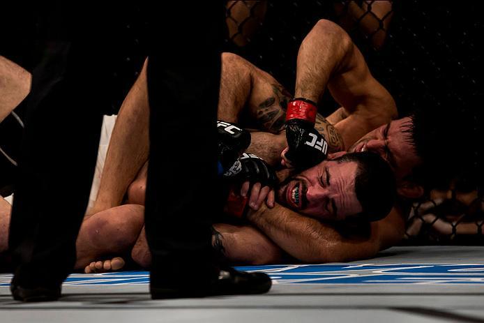 CURITIBA, BRAZIL - MAY 14: Demian Maia of Brazil submits Matt Brown of the United States in their welterweight bout during the UFC 198 at Arena da Baixada stadium on May 14, 2016 in Curitiba, Brazil. (Photo by Buda Mendes/Zuffa LLC/Zuffa LLC via Getty Ima