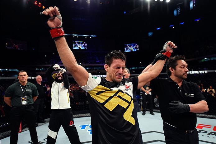 CURITIBA, BRAZIL - MAY 14: Demian Maia of Brazil celebrates after submitting Matt Brown in their welterweight bout during the UFC 198 event at Arena da Baixada stadium on May 14, 2016 in Curitiba, Parana, Brazil. (Photo by Josh Hedges/Zuffa LLC/Zuffa LL