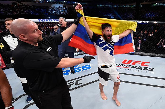 CURITIBA, BRAZIL - MAY 14: Bryan Barberena celebrates after defeating Warlley Alves of Brazil in their middleweight bout during the UFC 198 event at Arena da Baixada stadium on May 14, 2016 in Curitiba, Parana, Brazil. (Photo by Josh Hedges/Zuffa LLC/Zu